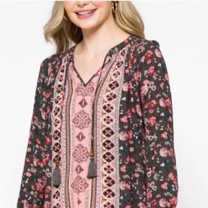 MASON & BELLE Casey Floral Blouse Top w Tassle Tie Detail Sz S